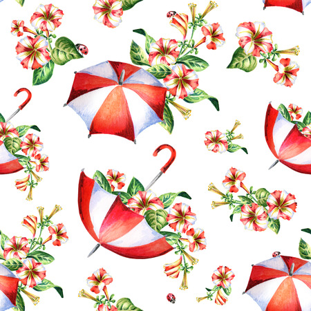Red and white flowers and umbrellas seamless pattern. Watercolorの写真素材