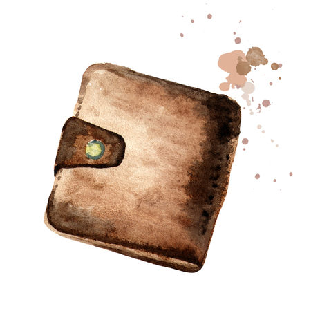Brown wallet isolated on white background. Watercolor hand drawing illustrationの写真素材