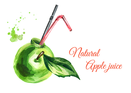 Natural Apple juice. Watercolor Hand drawn illustrationの写真素材