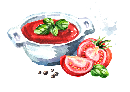 Natural tomato soup. Watercolor hand drawn illustration, isolated on white backgroundの写真素材