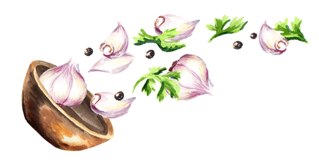 Bowl with garlic. Hand drawn horizontal watercolor illustration, isolated on white backgroundの写真素材