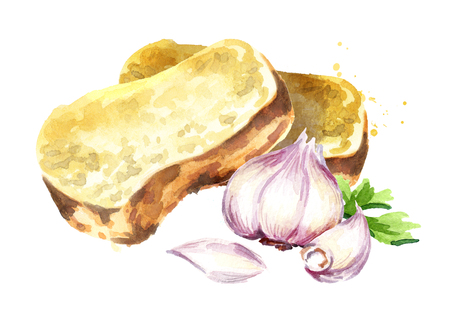 Garlic bread. Watercolor hand drawn illustration isolated on white backgroundの写真素材