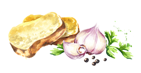 Garlic bread. Watercolor hand drawn illustration, isolated on white backgroundの写真素材