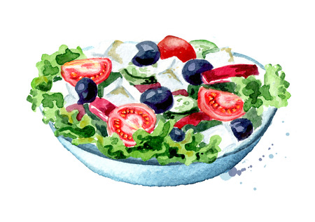 Greek salad with fresh vegetables and feta cheese. Watercolor hand drawn illustration, isolated on white backgroundの写真素材