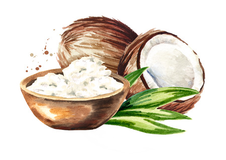 Coconut butter on wooden background and nuts. Watercolor  hand drawn illustration  isolated on white backgroundの写真素材