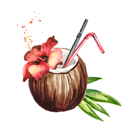 Tropical fresh coconut cocktail decorated with red hibiscus flower. Watercolor hand drawn illustration  isolated on white backgroundの写真素材