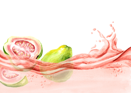 Fresh guava fruits on a wave of juice, watercolor hand drawn illustrationの写真素材