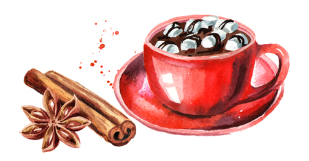 Red Cup of hot chocolate with marshmallow, cinnamon stick and star anise. Watercolor hand drawn illustration isolated on white backgroundの写真素材