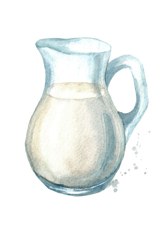 Jug with milk. Watercolor hand drawn illustration, isolated on white backgroundの写真素材