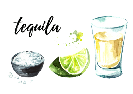 Tequila shot with lime and salt set. Hand drawn watercolor illustration, isolated on white backgroundの写真素材
