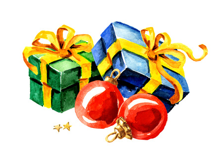 Christmas composition with gift box and red ball. Watercolor hand drawn illustration, isolated on white backgroundの写真素材