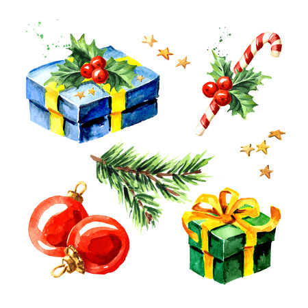 Christmas decor elements set. Watercolor hand drawn  illustration,  isolated on white backgroundの写真素材