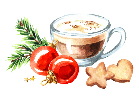 Cup of coffee cappuccino with Christmas cookies and red balls with green fir branch. Watercolor hand drawn illustration isolated on white backgroundの写真素材
