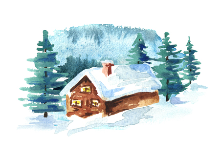 Winter landscape, house and fir tree. Watercolor hand drawn illustrationの写真素材
