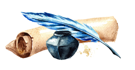 Old paper scroll with pen and inkwell . Watercolor hand drawn illustration, isolated on white backgroundの写真素材