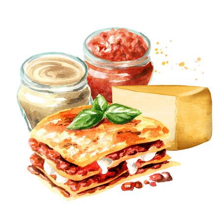 Lasagne ingredients. Watercolor hand drawn illustration isolated on white backgroundの写真素材