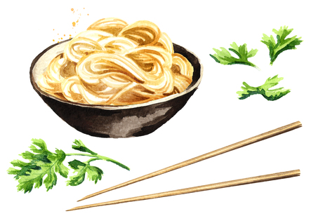 Noodles in the bowl set. Watercolor hand drawn illustration isolated on white backgroundの写真素材