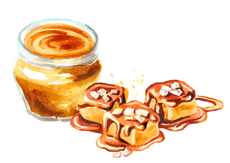 Melted Caramel and salted candies. Watercolor hand drawn illustration isolated on white backgroundの写真素材