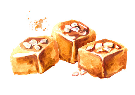 Salted caramel candies. Watercolor hand drawn illustration isolated on white backgroundの写真素材