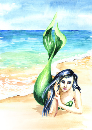 Mermaid on the beach. Watercolor hand drawn illustrationの写真素材