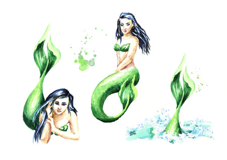 Mermaid set. Watercolor hand drawn illustration, isolated on white backgroundの写真素材