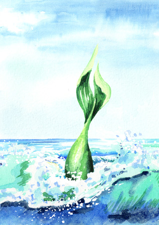 Tail of a mermaid diving out of the water, Watercolor hand drawn illustrationの写真素材