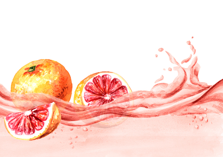 Fresh grapefruits on a wave of juice, watercolor hand drawn illustrationの写真素材