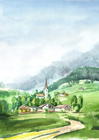 Alpine landscape. Watercolor hand drawn vertical illustrationの写真素材