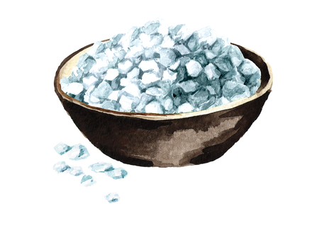 Coarse sea salt in a bowl watercolor hand drawn illustration isolated on whiteの写真素材