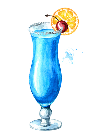 Cocktail with orange and cherry. Watercolor hand drawn illustration isolated on whiteの写真素材