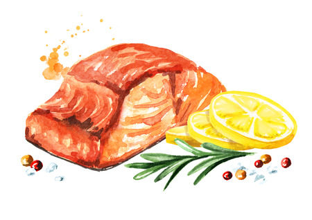 Delicious grilled salmon fish fillet with lemon, rosemary and spices. Watercolor hand drawn illustration, isolated on whiteの写真素材