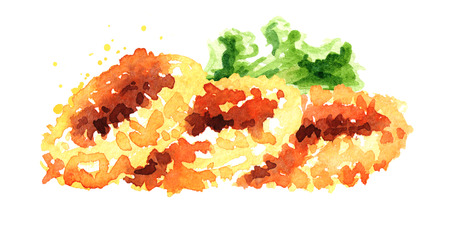 Deep Fried squid rings, seafood, Watercolor hand drawn illustration isolated on white backgroundの写真素材
