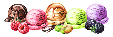 Ice cream scoops of different colors and flavours with berries and nuts set. Watercolor hand drawn illustration, isolated on white backgroundの写真素材