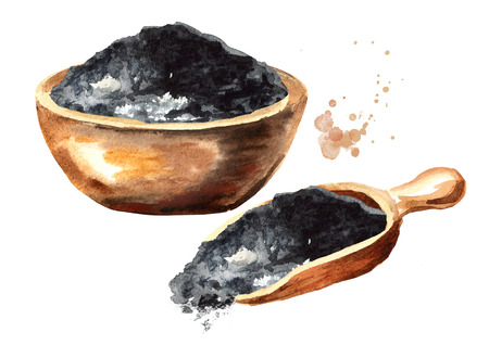 Natural charcoal powder set. Watercolor hand drawn illustration  isolated on white backgroundの写真素材