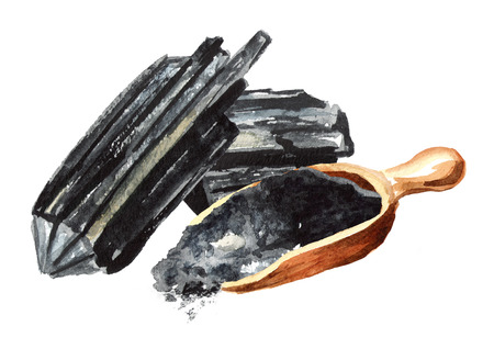 Natural charcoal. Large pieces and powder. Watercolor hand drawn illustration  isolated on white backgroundの写真素材