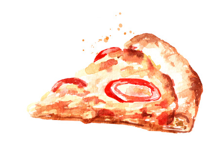 Slice of delicious fresh hot pizza. Watercolor hand drawn illustration isolated on white backgroundの写真素材