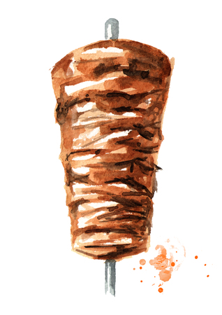 Middle East grilled skewered chicken or lamb mutton, traditional meat served in shawarma or kebab sandwich. Watercolor hand drawn illustration isolated on white backgroundの写真素材