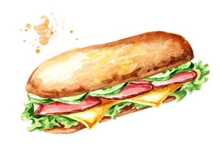 Sandwich with ham and vegetables. Watercolor hand drawn illustration, isolated on white backgroundの写真素材