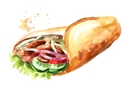 Shawarma sandwich, Doner Kebab with grilled meat and vegetables. Street food. Watercolor hand drawn illustration, isolated on white backgroundの写真素材