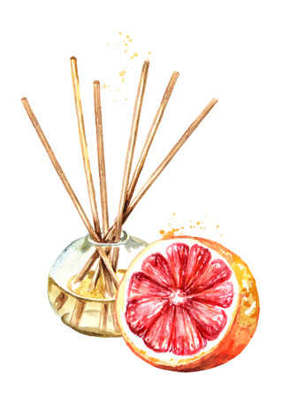 Grapefruit liquid in a glass bottle with sticks.の写真素材