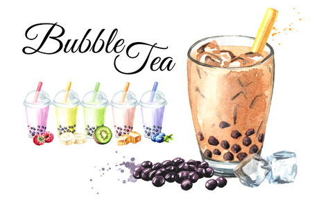 Bubble fruit Tea with Tapioca Pearls card. Food concept. Watercolor hand drawn illustration, isolated on white backgroundの写真素材