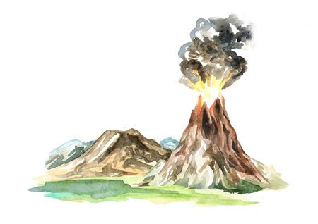 Active volcano, Watercolor hand drawnの写真素材