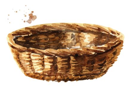 Empty wicker basket. Watercolor hand drawnの写真素材
