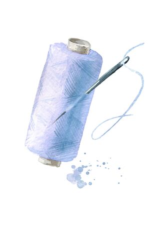 Spool of thread with needle. Watercolor hand drawn illustration isolated on white backgroundの写真素材