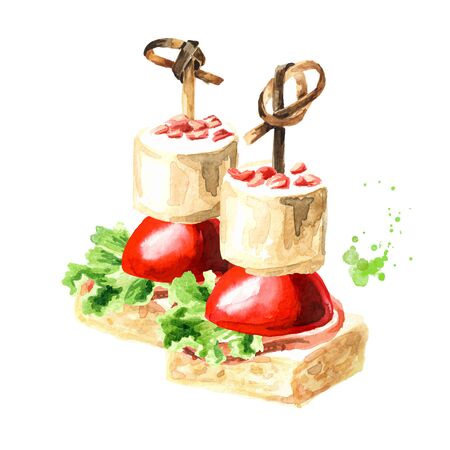 Appetizer for a festive table. Mini canape with creamy cheese, ham and cherry tomatoの写真素材