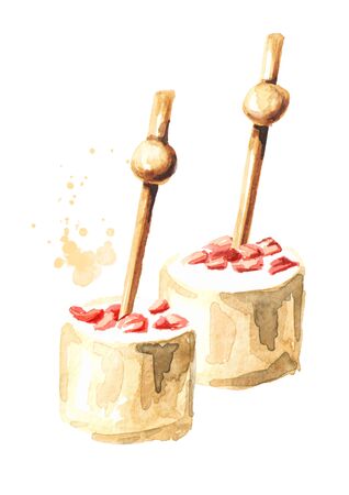 Appetizer for a festive table. Mini canape. Cream cheese on skewer.の写真素材