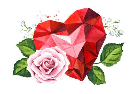 Love and romance. Crystal heart and Rose flowers. Wedding concept. Watercolor hand drawn illustration, isolated on white backgroundの写真素材