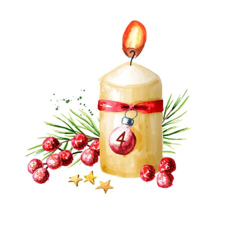 Fourth sunday of advent candle with decoration. Watercolor hand drawn illustration, isolated on white backgroundの写真素材