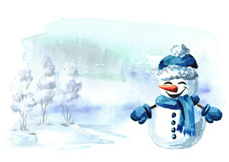 Cute snowman in a blue cap and scarf in winter landscape. New year and Christmas greeting card with copy space. Watercolor hand drawn illustrationの写真素材