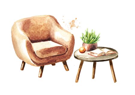 A chair and a coffee table with a book, an orange and a houseplant. Sweet home concept. Comfort interior. Watercolor hand drawn illustration, isolated on white backgroundの写真素材